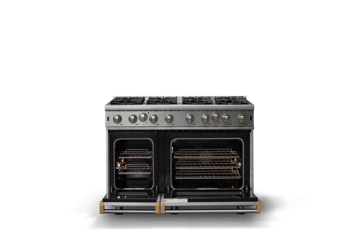 48"W. Open Burner Gas Range (Finish: Stainless Steel, Trim: Brushed Brass, Fuel: Propane)