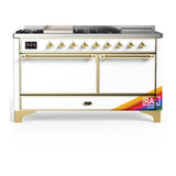 ILVE UM60FSQNR3RAGLP Majestic III 60 inch Dual Fuel Range with 7 Burners, Griddle and French Top, Dual Function Burner with up to 25,000 BTU (Liquid Propane, Solid Door, RAL, Brass)