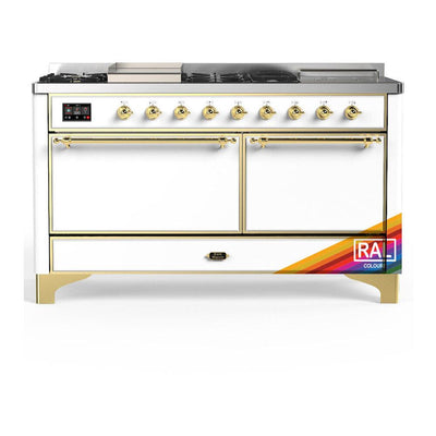 ILVE UM60FSQNR3RAGLP Majestic III 60 inch Dual Fuel Range with 7 Burners, Griddle and French Top, Dual Function Burner with up to 25,000 BTU (Liquid Propane, Solid Door, RAL, Brass)