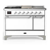 ILVE UM48FSQNR3WHCLP Majestic III 48 inch Dual Fuel Range with 5 Black Brass Burners, Griddle and French Top, Dual Function Burner up to 25,000 BTU (Liquid Propane, Solid Door, White, Chrome)