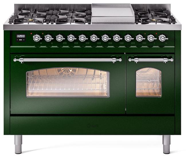 Nostalgie II 48 Inch Dual Fuel Liquid Propane Freestanding Range in Emerald Green with Chrome Trim