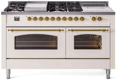 Nostalgie II 60 Inch Dual Fuel Liquid Propane Freestanding Range in Antique White with Brass Trim