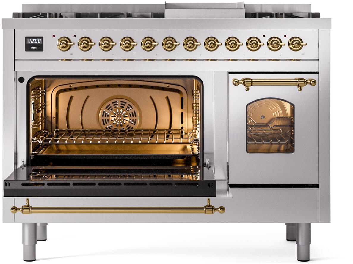 Nostalgie II 48 Inch Dual Fuel Natural Gas Freestanding Range in Stainless Steel with Brass Trim