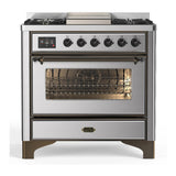 ILVE UM36FNR3SSBLP Majestic III 36 inch Dual Fuel Range with 6 Black Brass Burners and Griddle, Dual Function Burner up to 25,000 BTU (Triple Glass Door, Stainless Steel, Burnished, Liquid Propane)