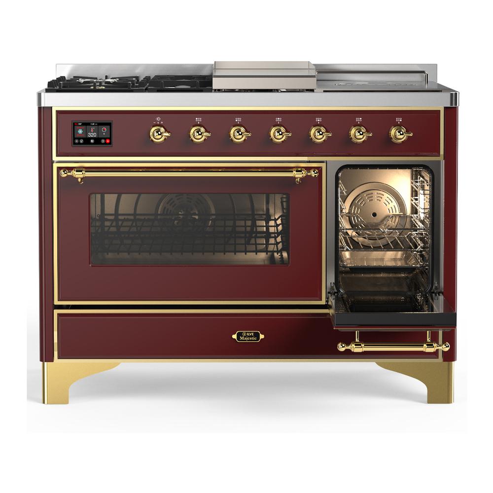 ILVE UM48FSNR3BUGLP Majestic III 48 inch Dual Fuel Range with 5 Black Brass Burners, Griddle and French Top, Dual Function Burner up to 25,000 BTU (Liquid Propane, Triple Glass Door, Burgundy, Brass)