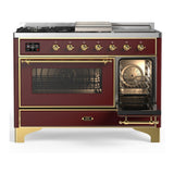 ILVE UM48FSNR3BUGLP Majestic III 48 inch Dual Fuel Range with 5 Black Brass Burners, Griddle and French Top, Dual Function Burner up to 25,000 BTU (Liquid Propane, Triple Glass Door, Burgundy, Brass)