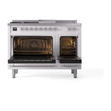ILVE UN48FSQNMPWHCLP Nostalgie II Noblesse 48 inch Dual Fuel Range (5 Sealed Burners + Griddle + French Top, Liquid Propane, Solid Door, White, Chrome)