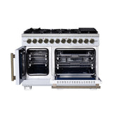 Forno Capriasca 48 Inch Freestanding French Door Dual Fuel Range in White with Antique Brass Accessories, 8 Burners, True Convection Oven