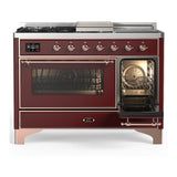 ILVE UM48FSNR3BUP Majestic III 48 inch Dual Fuel Range with 5 Black Brass Burners, Griddle and French Top, Dual Function Burner up to 25,000 BTU (Natural Gas, Triple Glass Door, Burgundy, Copper)