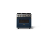 36"W. Open Burner Gas Range (Finish: Slate Blue, Trim: Brushed Brass, Fuel: Natural Gas)