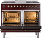 Nostalgie II 40 Inch Dual Fuel Natural Gas Freestanding Range in Burgundy with Bronze Trim