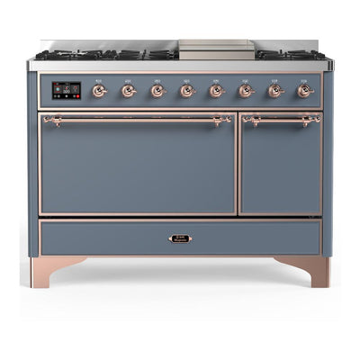 ILVE UM48FQNR3BGPLP Majestic III 48 inch Dual Fuel Range with 8 Burners and Griddle, Dual Function Burner up to 25,000 BTU (Liquid Propane, Solid Door, Blue Grey, Copper)