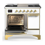 ILVE UMD40FQNR3WHG Majestic III 40 inch Dual Fuel Range with 6 Burners and Griddle, Dual Function Burner up to 25,000 BTU (Natural Gas, Solid Door, White, Brass)