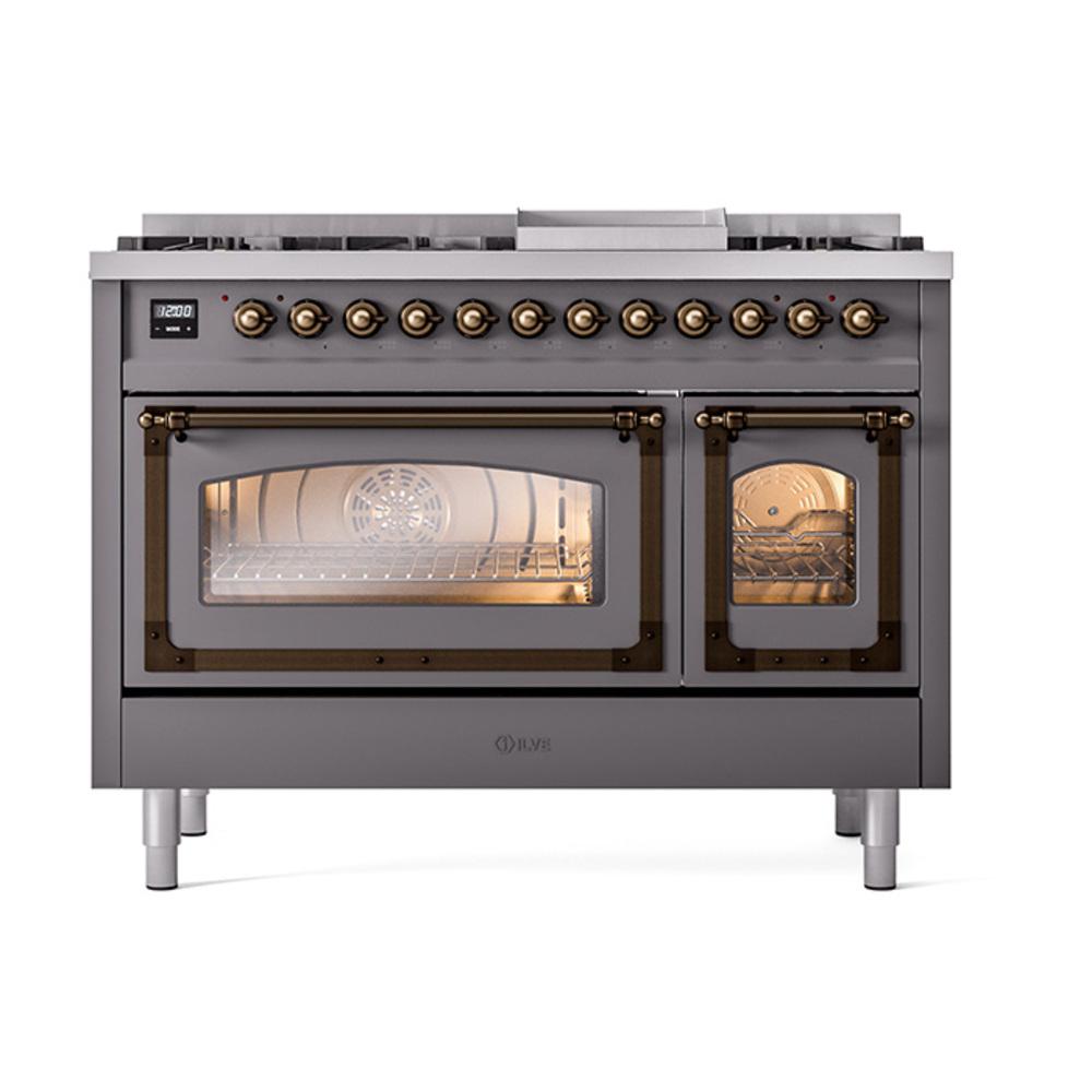 ILVE UN48FNMPMGB Nostalgie II Noblesse 48 inch Dual Fuel Range (8 Sealed Burners + Griddle, Natural Gas, Triple Glass Door, Graphite Matte, Burnished)