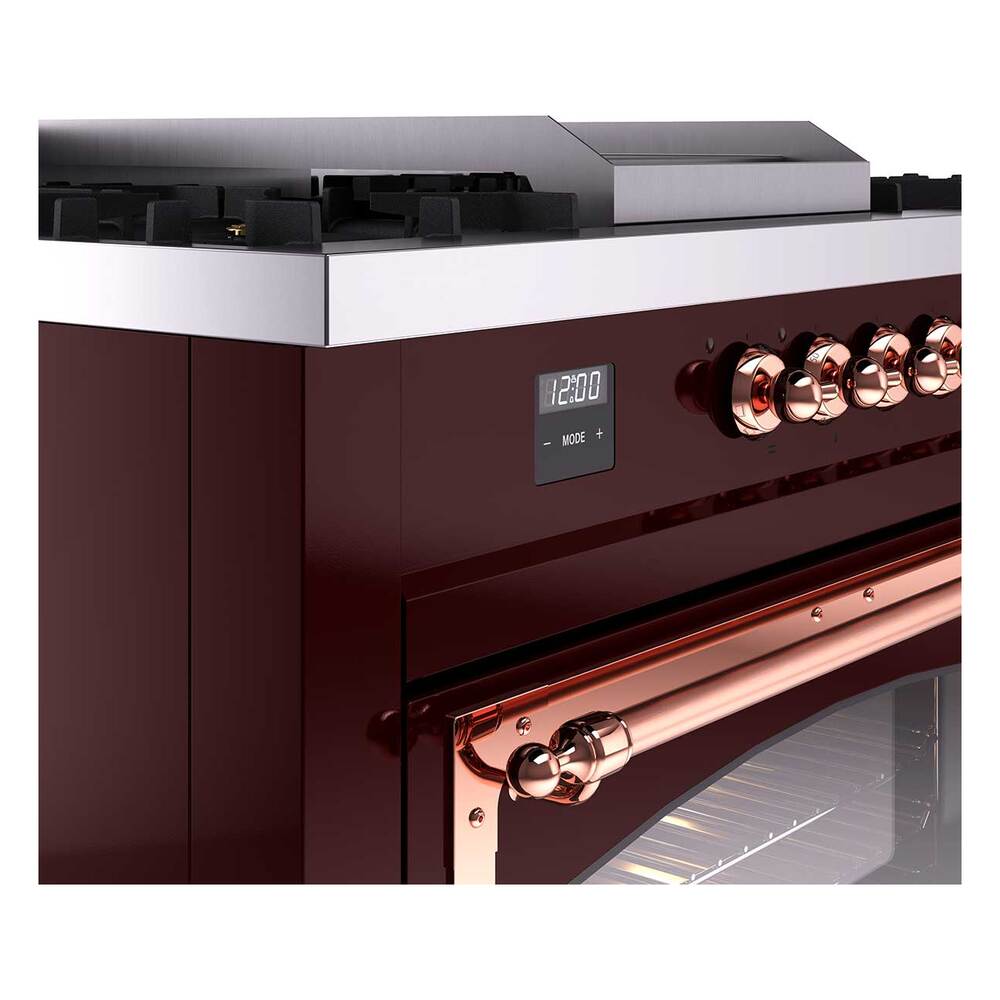 ILVE UN60FSNMPBUP Nostalgie II Noblesse 60 inch Dual Fuel Range (7 Sealed Burners + Griddle + French Top, Natural Gas, Triple Glass Door, Burgundy, Copper)