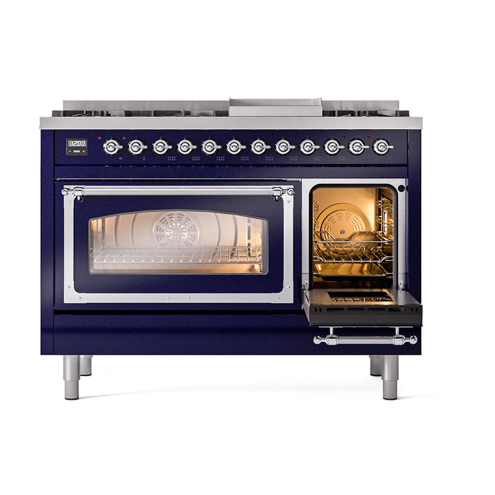 ILVE UN48FNMPMBCLP Nostalgie II Noblesse 48 inch Dual Fuel Range (8 Sealed Burners + Griddle, Liquid Propane, Triple Glass Door, Midnight Blue, Chrome)