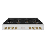 ZLINE 48 in. Autograph Edition Paramount Gas Rangetop with 8 Burners and Porcelain Cooktop in DuraSnow' Stainless Steel with Polished Gold Accents (SRTSZ-48-G)