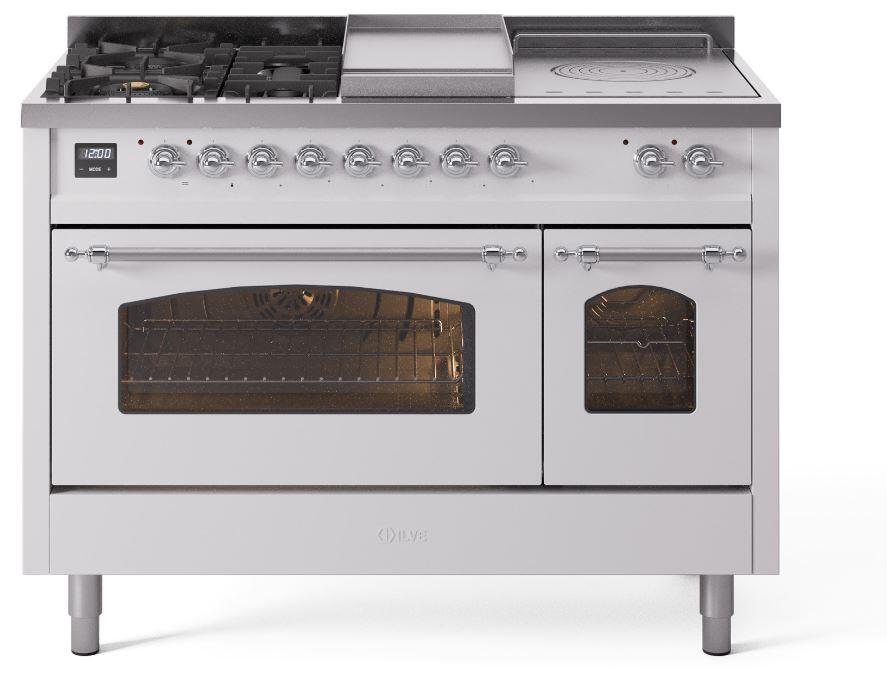 Nostalgie II 48 Inch Dual Fuel Natural Gas Freestanding Range in White with Chrome Trim