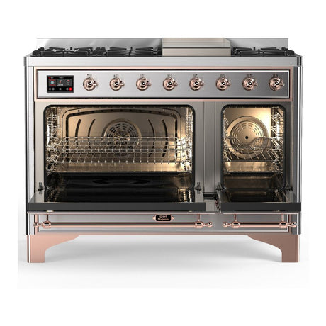 ILVE UM48FQNR3SSP Majestic III 48 inch Dual Fuel Range with 8 Burners and Griddle, Dual Function Burner up to 25,000 BTU (Natural Gas, Solid Door, Stainless Steel, Copper)