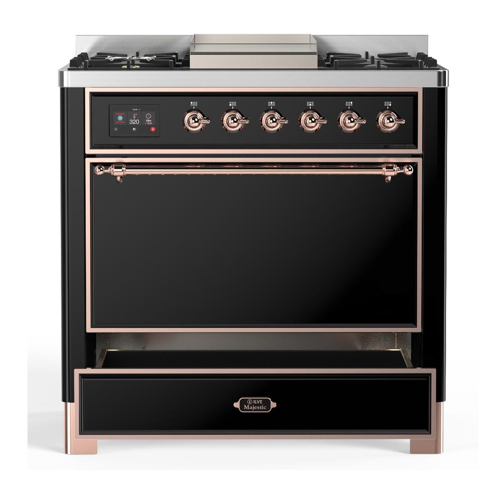 ILVE UM36FQNR3BKP Majestic III 36 inch Dual Fuel Range with 6 Black Brass Burners and Griddle, Dual Function Burner up to 25,000 BTU (Solid Door, Glossy Black, Copper, Natural Gas)