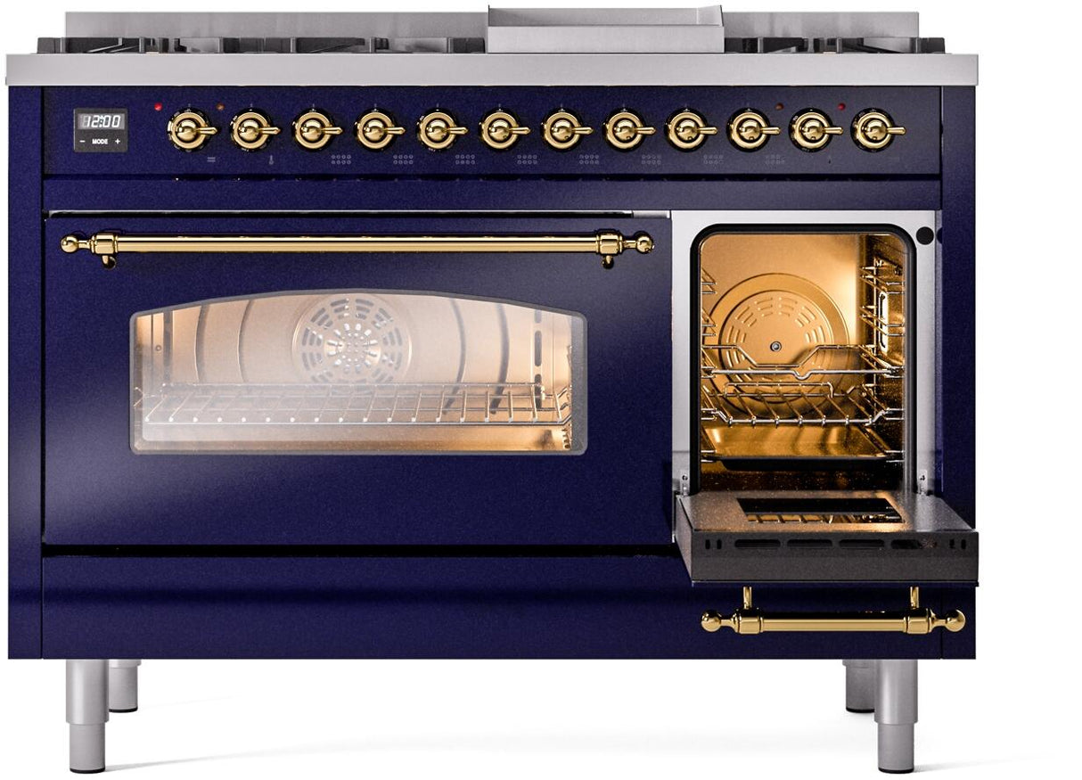 Nostalgie II 48 Inch Dual Fuel Natural Gas Freestanding Range in Blue with Brass Trim