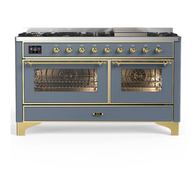 ILVE UM60FNR3BGG Majestic III 60 inch Dual Fuel Range with 9 Burners and Griddle, Dual Function Burner up to 25,000 BTU (Natural Gas, Triple Glass Door, Blue Grey, Brass)