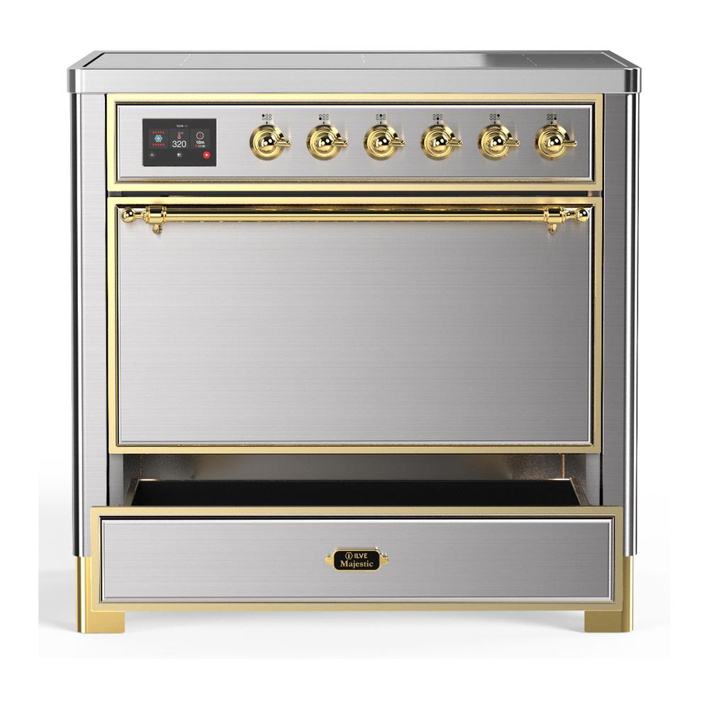 ILVE UMIB36QNR3SSG Majestic III 36 inch Induction Range with 6 Elements, 3.5 cu. ft. Total Oven Capacity (Solid Door, Stainless Steel, Brass)