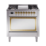 ILVE UN36FQNMPSSGLP Nostalgie II Noblesse 36 inch Dual Fuel Range (Liquid Propane, Solid Door, Stainless Steel, Brass)
