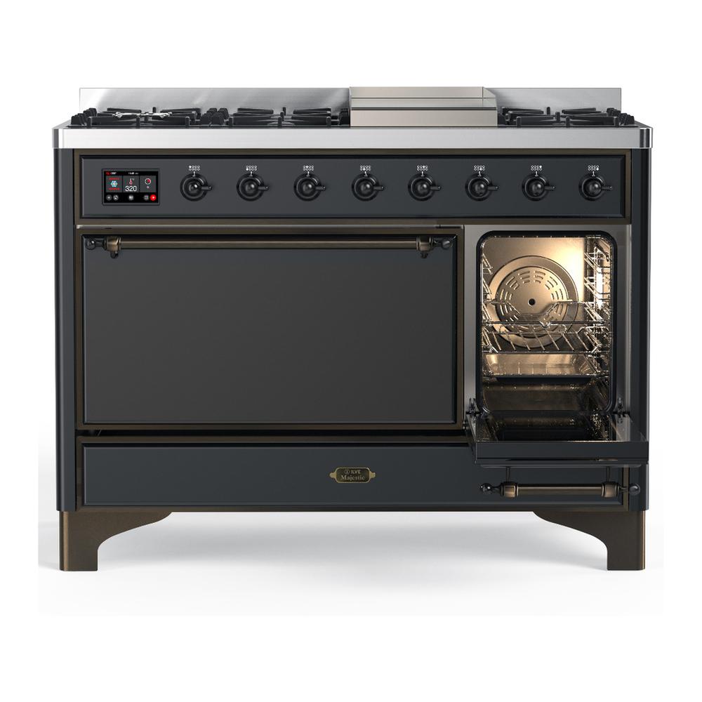 ILVE UM48FQNR3MGBLP Majestic III 48 inch Dual Fuel Range with 8 Burners and Griddle, Dual Function Burner up to 25,000 BTU (Liquid Propane, Solid Door, Graphite Matte, Burnished)