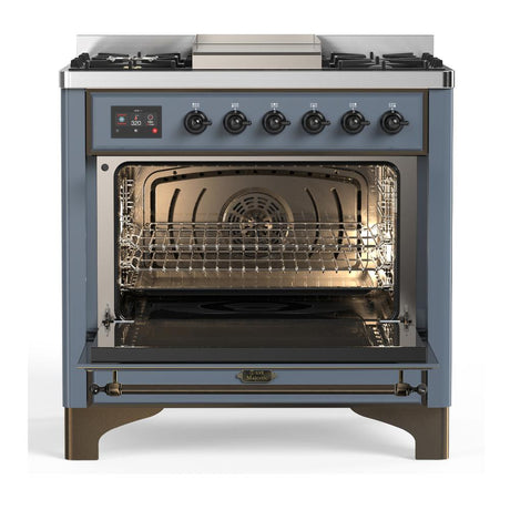 ILVE UM36FNR3BGBLP Majestic III 36 inch Dual Fuel Range with 6 Black Brass Burners and Griddle, Dual Function Burner up to 25,000 BTU (Triple Glass Door, Blue Grey, Burnished, Liquid Propane)