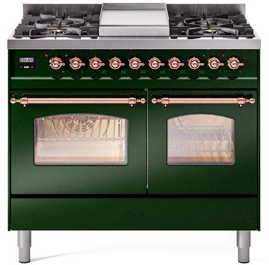 Nostalgie II 40 Inch Dual Fuel Natural Gas Freestanding Range in Emerald Green with Copper Trim