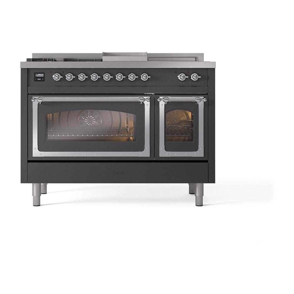 ILVE UN48FSNMPMGC Nostalgie II Noblesse 48 inch Dual Fuel Range (5 Sealed Burners + Griddle + French Top, Natural Gas, Triple Glass Door, Graphite Matte, Chrome)