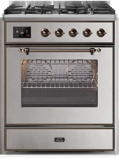 Majestic II 30 Inch Dual Fuel Liquid Propane Freestanding Range in Stainless Steel with Bronze Trim