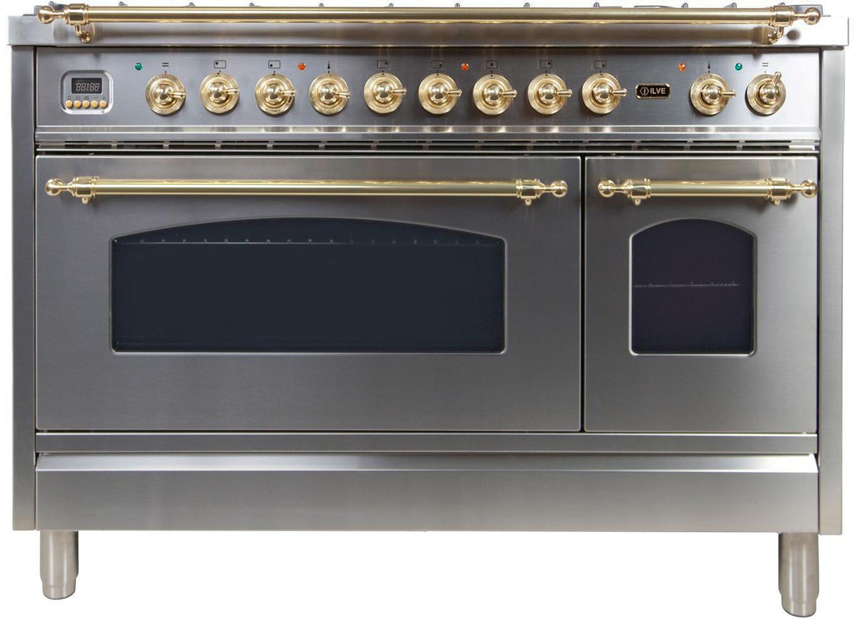 Nostalgie 48 Inch Dual Fuel Natural Gas Freestanding Range in Stainless Steel with Brass Trim