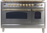 Nostalgie 48 Inch Dual Fuel Natural Gas Freestanding Range in Stainless Steel with Brass Trim