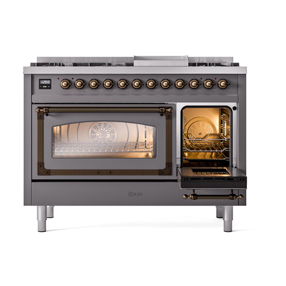 ILVE UN48FNMPMGBLP Nostalgie II Noblesse 48 inch Dual Fuel Range (8 Sealed Burners + Griddle, Liquid Propane, Triple Glass Door, Graphite Matte, Burnished)
