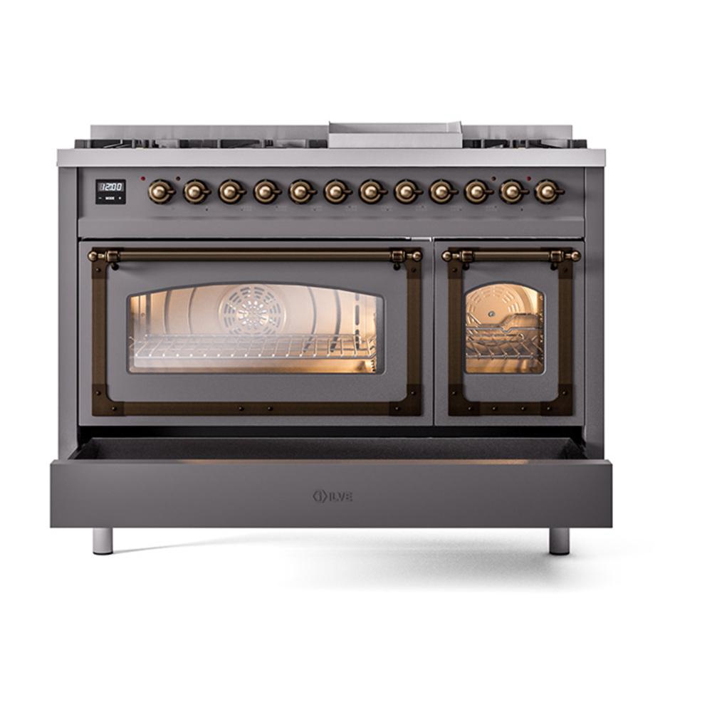 ILVE UN48FNMPMGBLP Nostalgie II Noblesse 48 inch Dual Fuel Range (8 Sealed Burners + Griddle, Liquid Propane, Triple Glass Door, Graphite Matte, Burnished)