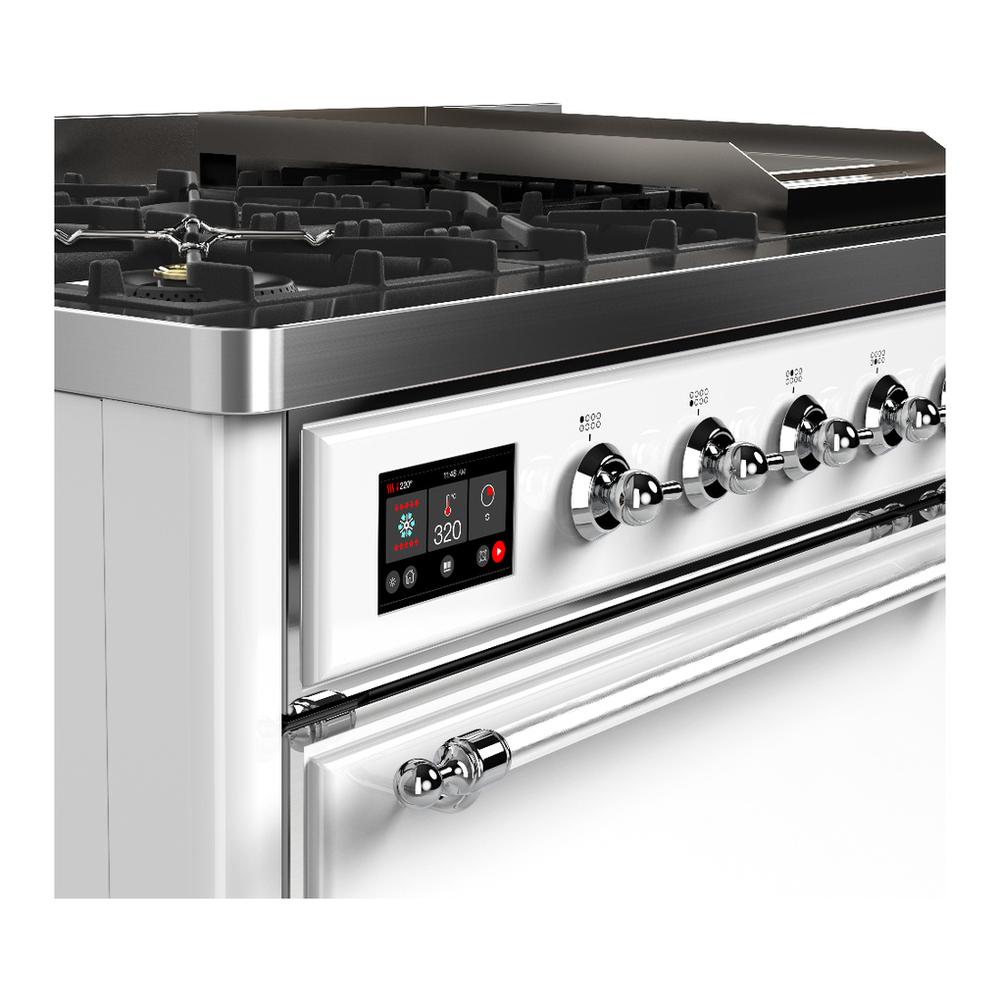 ILVE UM48FQNR3WHCLP Majestic III 48 inch Dual Fuel Range with 8 Burners and Griddle, Dual Function Burner up to 25,000 BTU (Liquid Propane, Solid Door, White, Chrome)