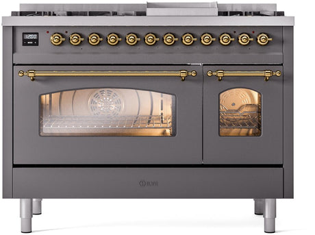 Nostalgie II 48 Inch Dual Fuel Liquid Propane Freestanding Range in Matte Graphite with Brass Trim