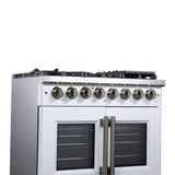 Forno Capriasca 36 Inch Freestanding French Door Dual Fuel Range in White with Antique Brass Accessories, 6 Burners, True Convection Oven