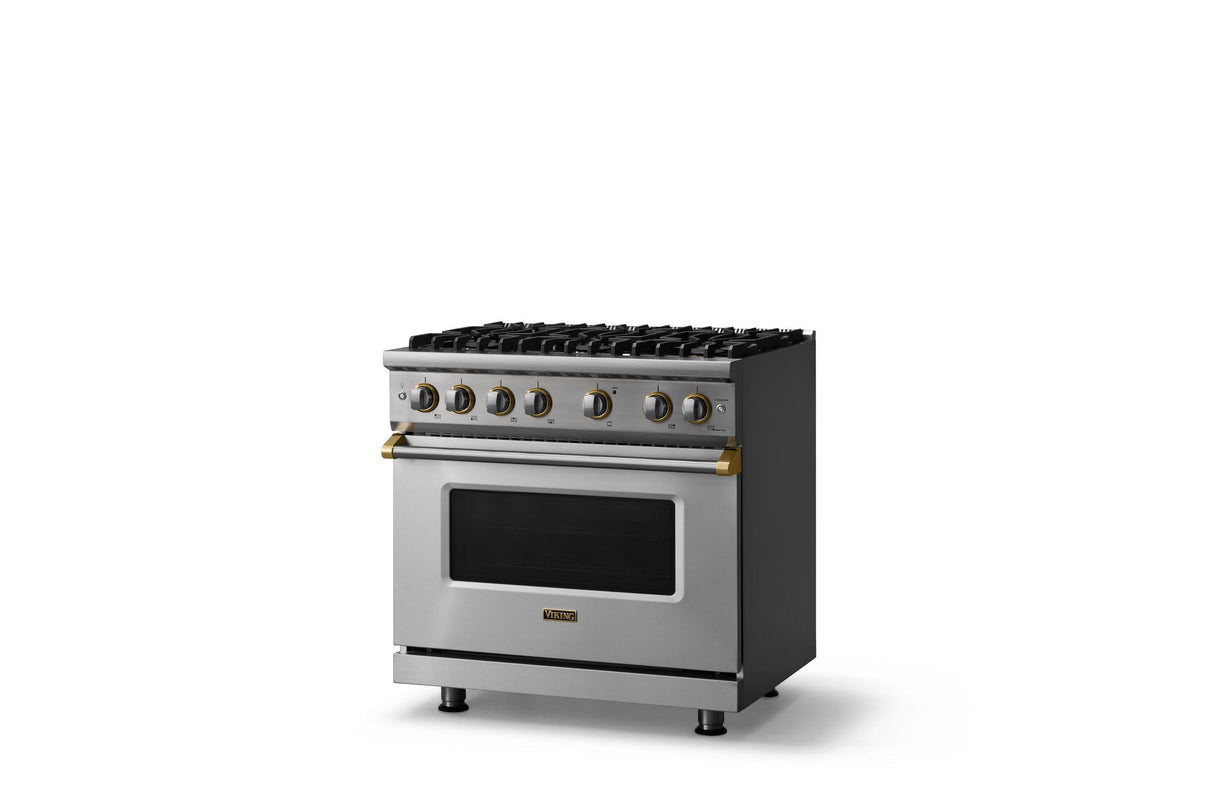 36"W. Sealed Burner Gas Range (Burner: 6b, Finish: Stainless Steel, Trim: Brushed Brass, Fuel: Natural Gas)