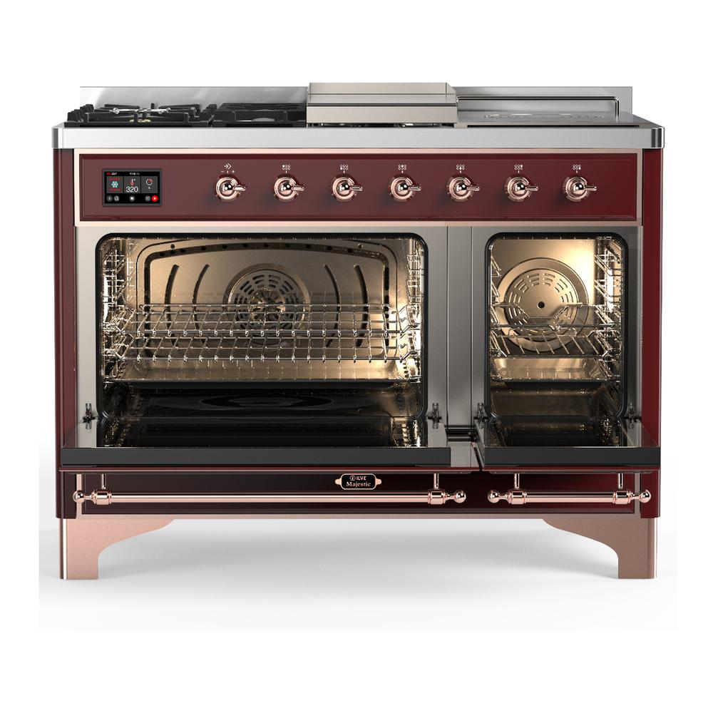 ILVE UM48FSQNR3BUP Majestic III 48 inch Dual Fuel Range with 5 Black Brass Burners, Griddle and French Top, Dual Function Burner up to 25,000 BTU (Natural Gas, Solid Door, Burgundy, Copper)