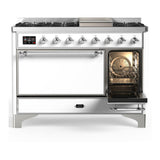 ILVE UM48FQNR3WHCLP Majestic III 48 inch Dual Fuel Range with 8 Burners and Griddle, Dual Function Burner up to 25,000 BTU (Liquid Propane, Solid Door, White, Chrome)