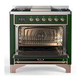 ILVE UM36FQNR3EGPLP Majestic III 36 inch Dual Fuel Range with 6 Black Brass Burners and Griddle, Dual Function Burner up to 25,000 BTU (Solid Door, Emerald Green, Copper, Liquid Propane)