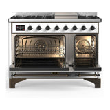 ILVE UM48FNR3WHBLP Majestic III 48 inch Dual Fuel Range with 8 Burners and Griddle, Dual Function Burner up to 25,000 BTU (Liquid Propane, Triple Glass Door, White, Burnished)
