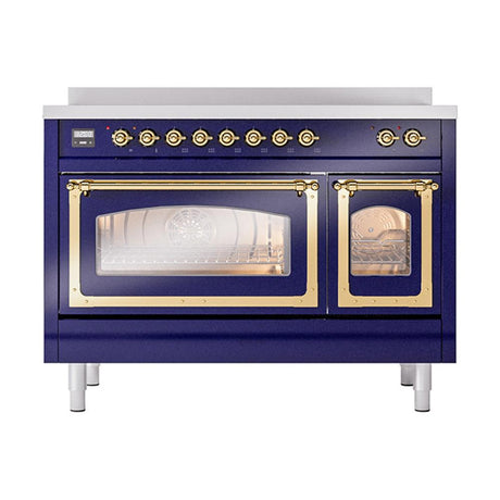 ILVE UNI486NMPMBG Nostalgie II Noblesse 48 inch Induction Range (Triple Glass Door, Midnight Blue, Brass)