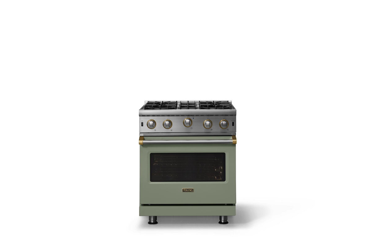 30"W. Open Burner Gas Range (Finish: Eucalyptus, Trim: Brushed Brass, Fuel: Natural Gas)