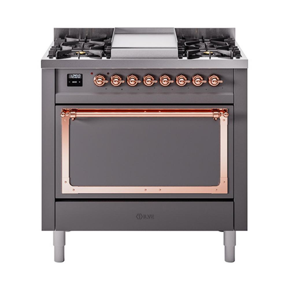 ILVE UN36FQNMPMGP Nostalgie II Noblesse 36 inch Dual Fuel Range (Natural Gas, Solid Door, Graphite Matte, Copper)