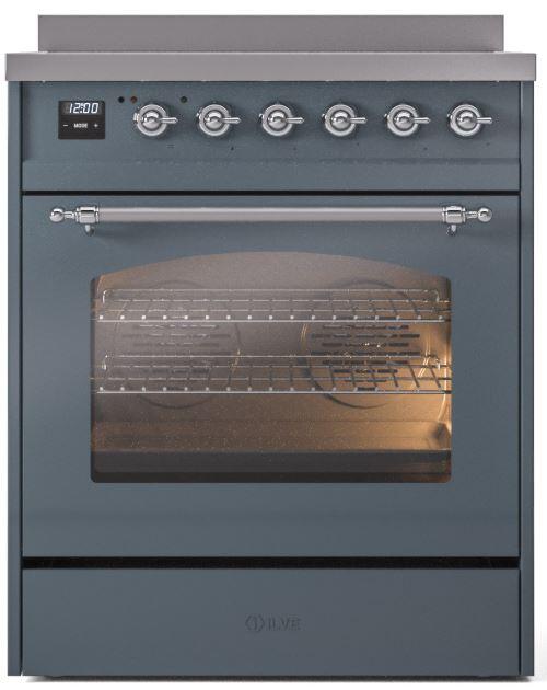 Nostalgie II 30 Inch Electric Freestanding Range in Blue Grey with Chrome Trim