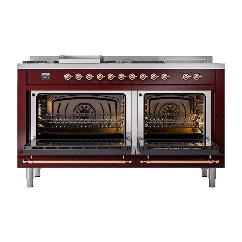 ILVE UN60FSNMPBUP Nostalgie II Noblesse 60 inch Dual Fuel Range (7 Sealed Burners + Griddle + French Top, Natural Gas, Triple Glass Door, Burgundy, Copper)